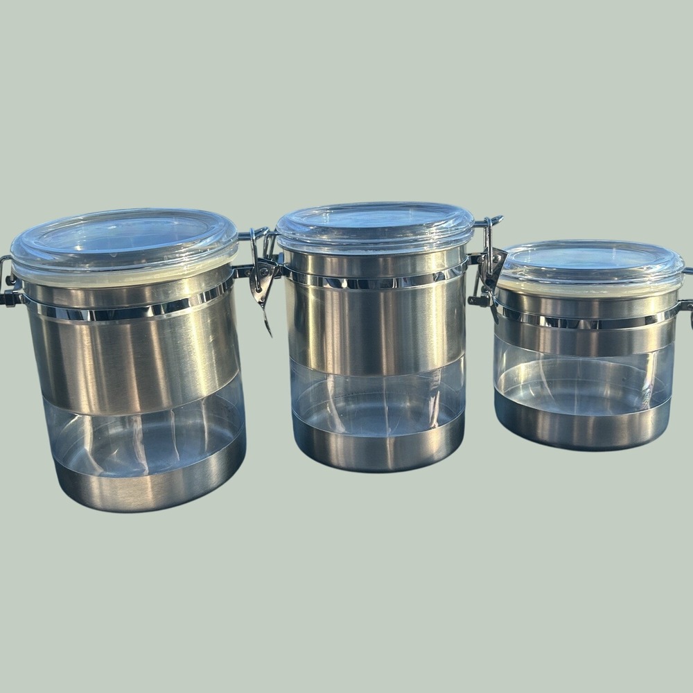 3 Crate & Barrel Stainless Steel Clip Airtight Canister 2- 48 Oz 1-32 Oz Size